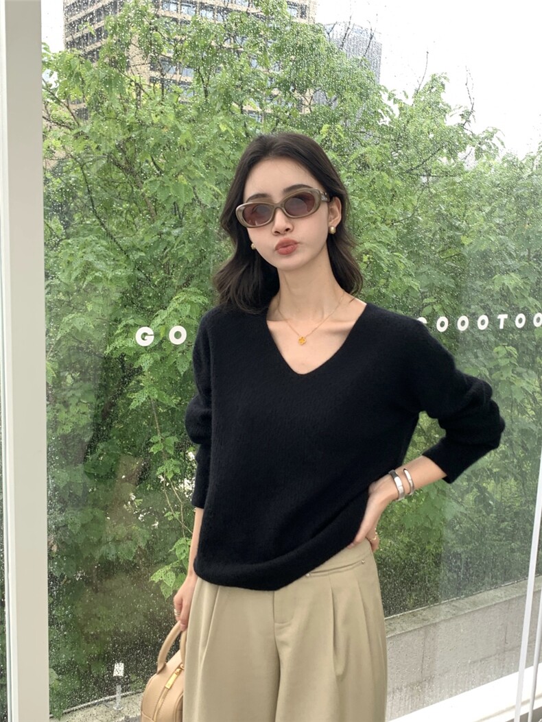 低圆领套头毛衣女针织秋冬休闲宽松打底衫,针织衫/毛衣,玛卡隆羊绒