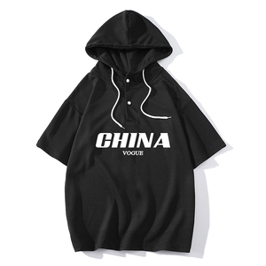LD54001-P45 连帽短袖t恤男大码胖子带帽五分袖中袖图片