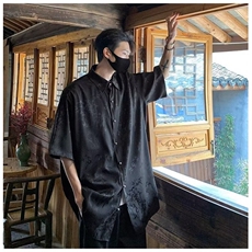 风夏男冰丝短袖衬衫丝绸竹子印花新中式衬衣CS016P50，男装衬衫，星座1013-1