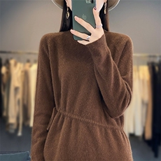 半高领中长款100%纯羊毛衫女秋冬新款抽绳针织毛衣宽松羊绒打底衫，女装羊毛衫，琳尚羊绒