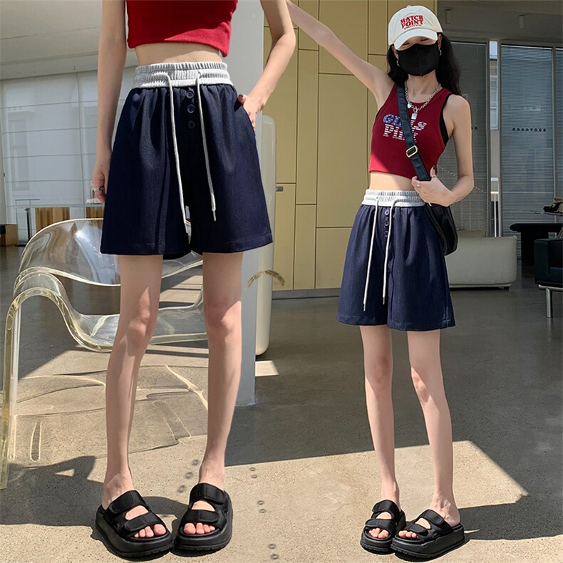 天丝牛仔短裤女2024夏季薄款松紧腰a字宽松显瘦百搭阔腿裤子,女装牛仔裤,梦白服饰厂