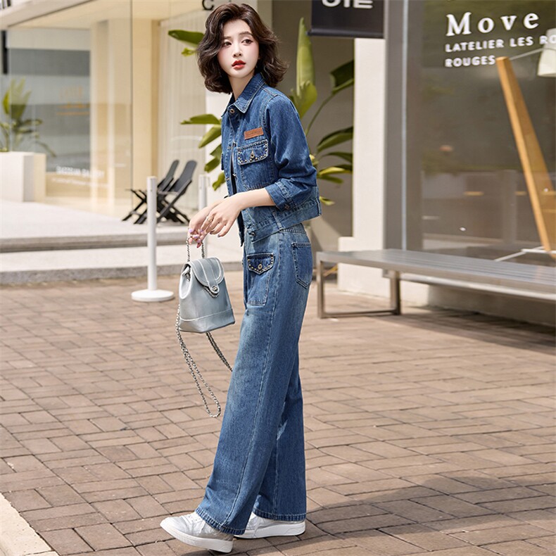 现货韩版时尚牛仔套装女春2024新款洋气显瘦显高牛仔两件套装潮,女装套装/套裙,江南女神