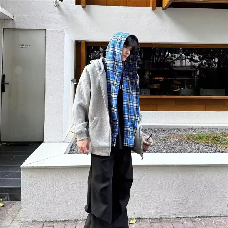 J210-P59美式潮牌假两件蓝色格子连帽卫衣秋冬复古重磅开衫外套,男装T恤,电商B323A