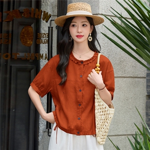 木耳花边圆领苎麻小衫女2026年夏季新款减龄百搭宽松休闲上衣图片