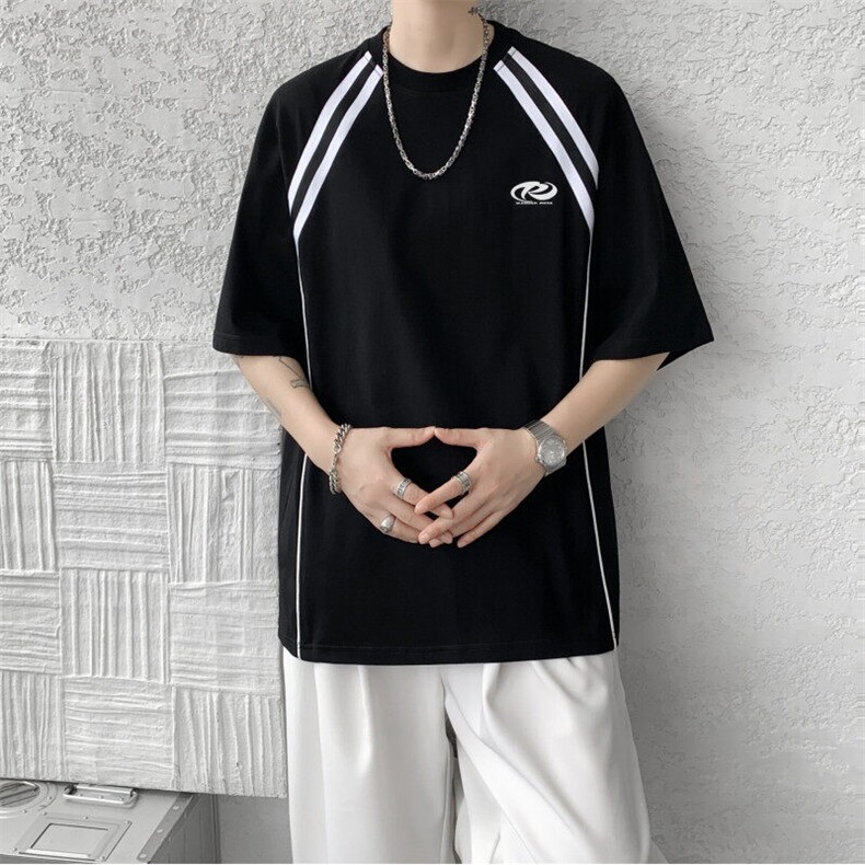 抖音品质夏季新款美式条纹落肩宽松短袖T恤B315-ST004-特p35控68,男装T恤,电商B315
