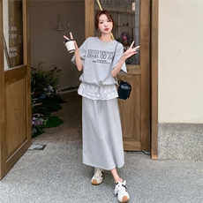 盐甜系蕾丝拼接字母T恤半身裙套装女2025夏季新款韩版宽松两件套，女装套装/套裙，2C095