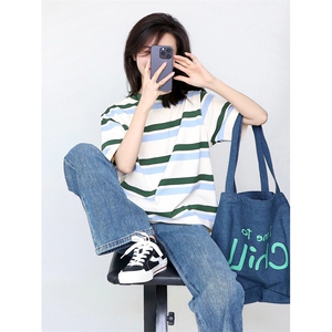 H0508-p35 潮牌美式复古条纹正肩短袖t恤女夏季2026新款设计感图片