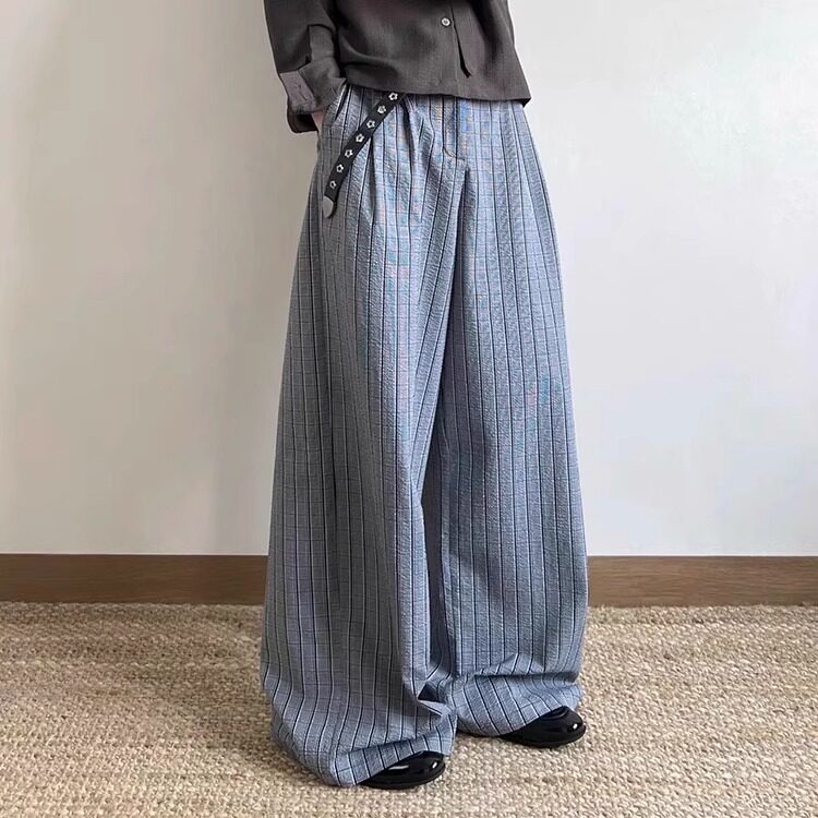 IWTFF泡泡褶格纹休闲长裤A字版直筒阔腿轻盈挺阔cleanfit复古西裤，男装西裤，星座715-4