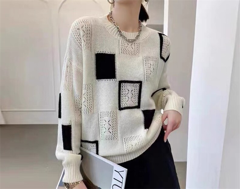 新款拼色格子提花镂空圆领套头针织衫安迪绒材质,女装皮衣,昂家羊绒