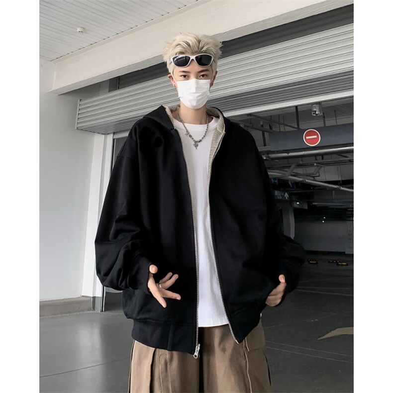 双面穿外套男连帽格子宽松百搭韩版潮流2024秋冬ins夹克W6078-P72图片