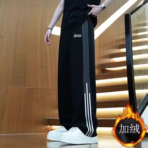 韩版秋冬休闲阔腿裤男款加绒加厚裤子印花潮流宽松卫裤百搭运动裤图片