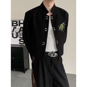 新中式小众金属扣竹叶刺绣短款西装外套上衣男女休闲新中式西服图片
