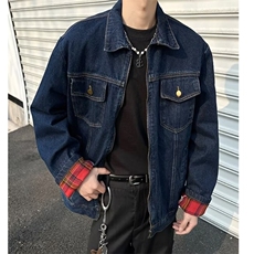 春日港风撞色格子拼接牛仔外套复古甜酷宽松休闲夹克上衣3561/P80，男装夹克，星座506