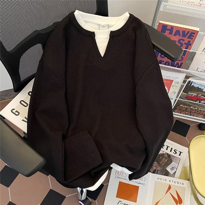 华夫格假两件V领卫衣男夏秋美式复古简约宽松长袖T恤T3048/P32,男装T恤,星座506B