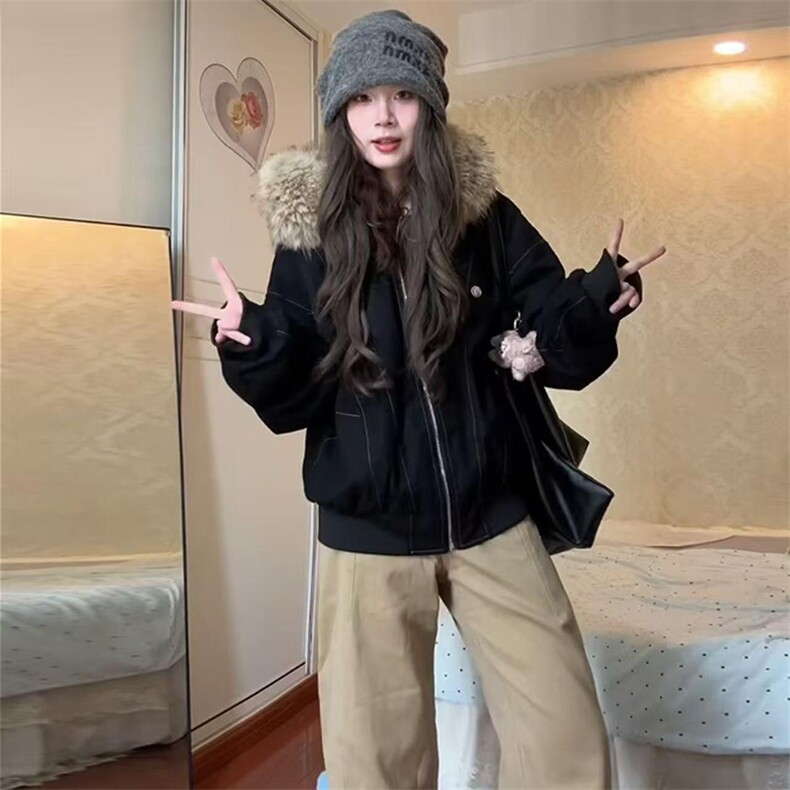 现货重磅boxy短款棉衣座山雕大毛毛领男女棉服水洗工装厚外套，男装棉衣，电商A486