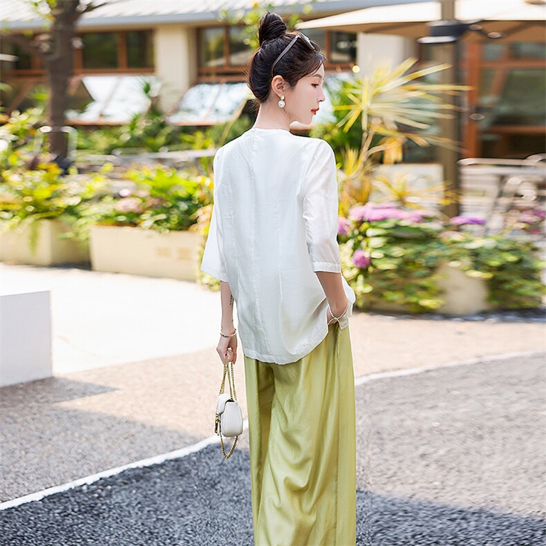 中国风禅意天丝女2024夏季新款国风盘扣白色小衫阔腿裤,女装汉服/婚纱/旗袍/礼服,水衣源