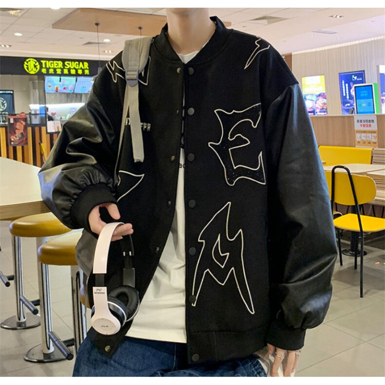 刺绣毛呢外套痞帅美式复古pu皮拼接棒球服飞行员夹克男女-W0625，男装夹克，星座601-1