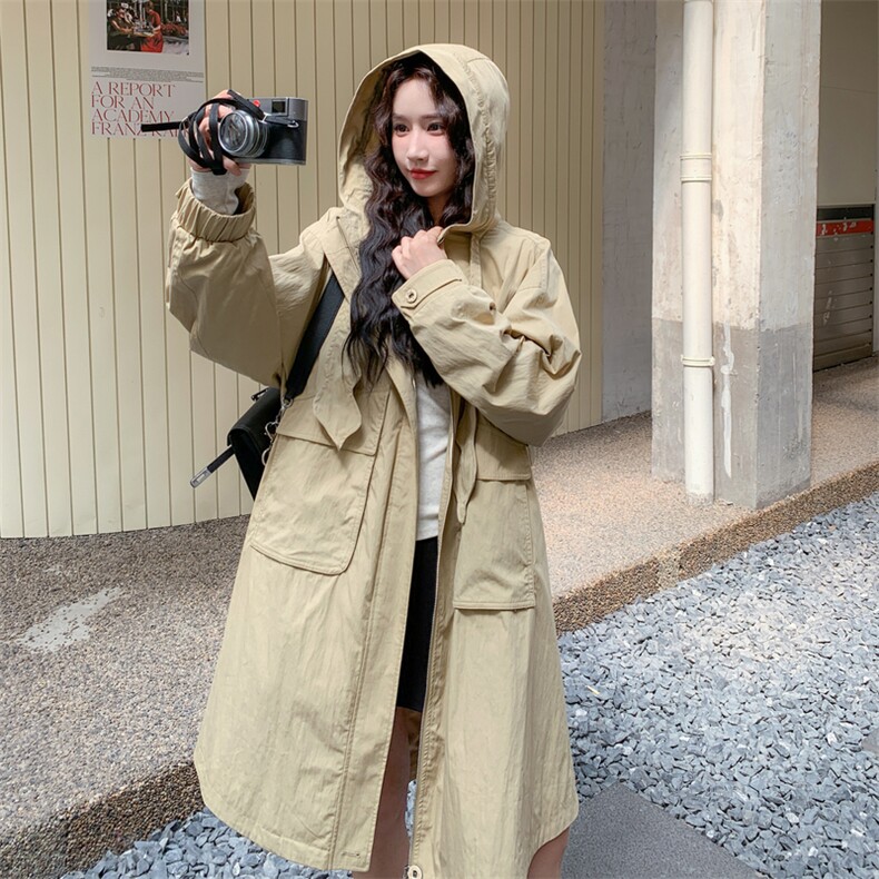 休闲连帽工装卡其色风衣外套女春秋2025新款显瘦巨好看大衣高级感,女装风衣,2C273