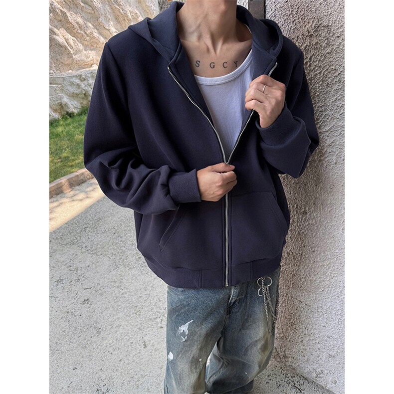 街头潮流复古撞色开衫连帽卫衣男秋季潮牌高级感宽松休闲上衣外套,男装卫衣,电商A102B