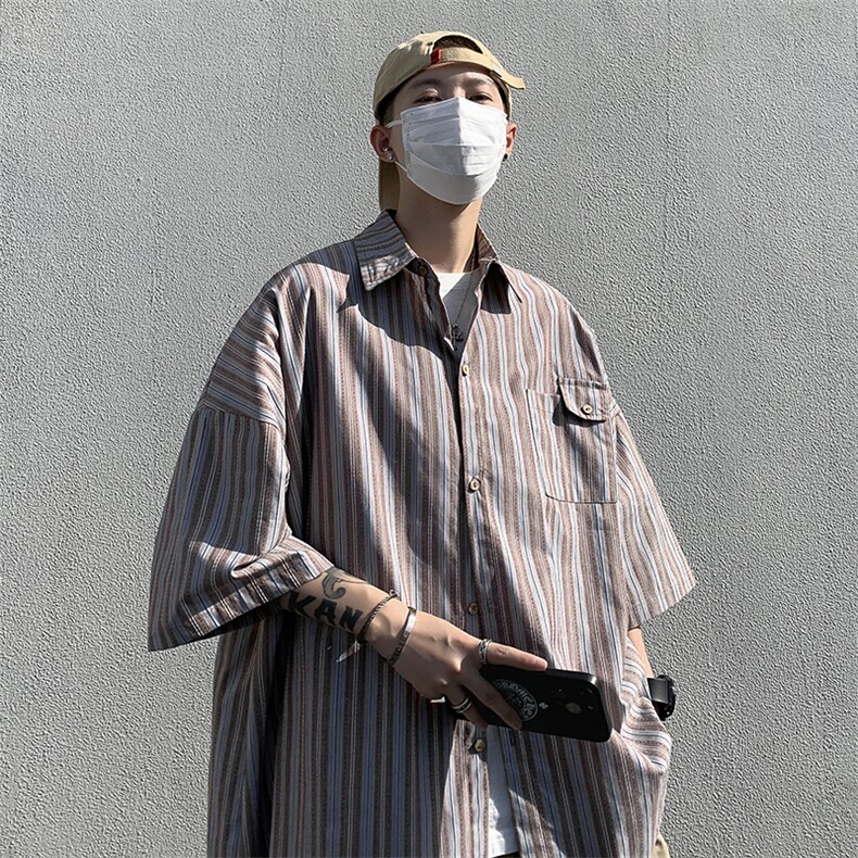 日系条纹衬衫短袖男夏季高级设计感外套潮牌痞帅港风衬衣CS07-P35,男装衬衫,星座308B-1