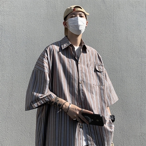 日系条纹衬衫短袖男夏季高级设计感外套潮牌痞帅港风衬衣CS07-P35图片
