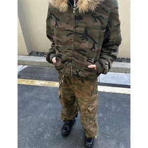 美式复古迷彩连帽卫衣男冬季新款毛领拉链外套宽松重磅上衣设计感图片