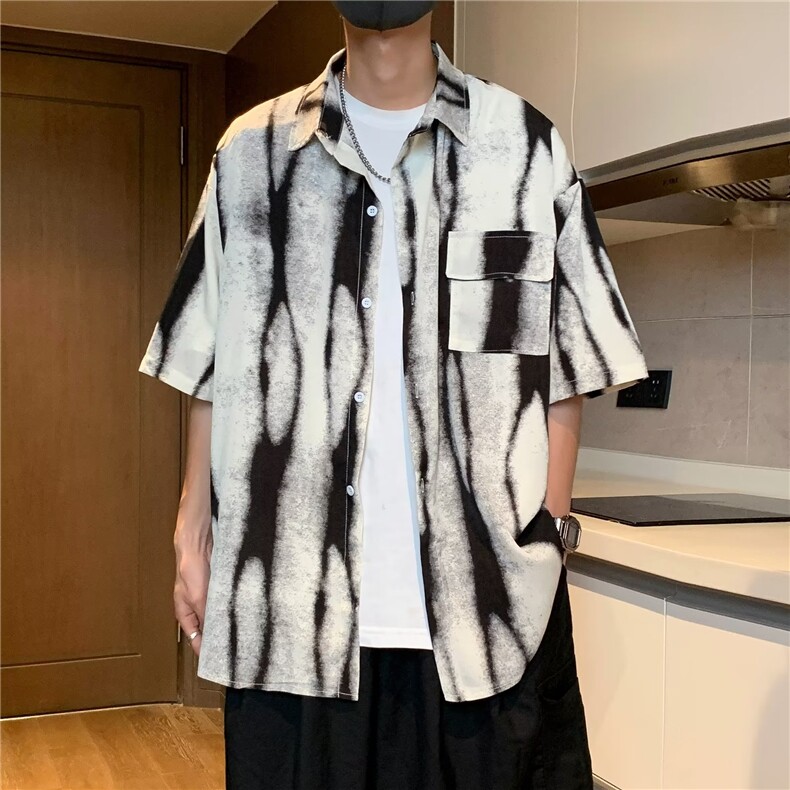 美式复古扎染男士短袖衬衫夏季潮牌潮流日系oversize痞帅五分衬衣,男装衬衫,星座601-2