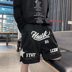 夏季刺绣短裤男ins潮嘻哈高街美式复古日系港风五分裤DK066-p33，男装牛仔裤，星座1008