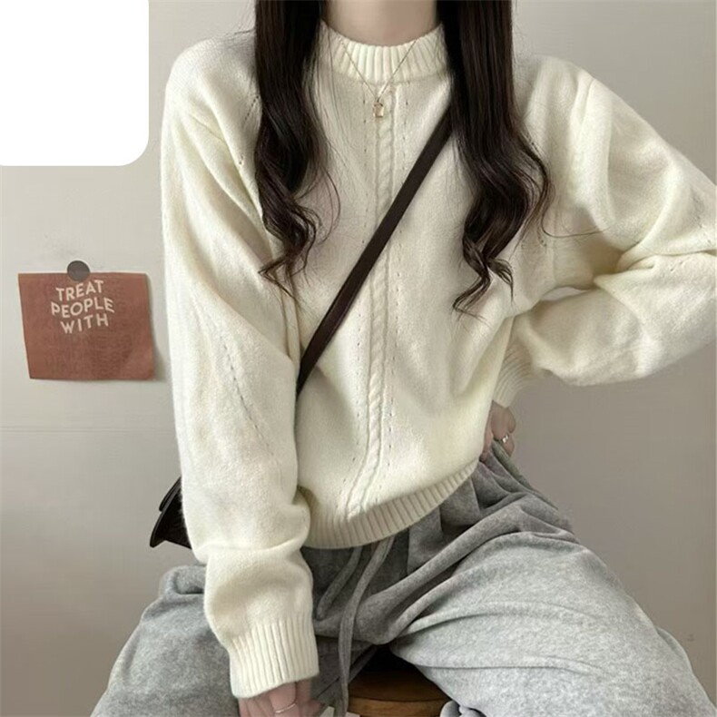 时尚百搭秋冬保暖休闲针织毛衣显瘦宽松长袖圆领女装外套,针织衫/毛衣,萱芳婷羊绒