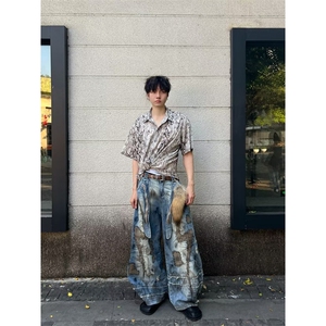 男女美式污渍乱针弯刀牛仔裤2025阔腿牛仔宽松镰刀裤RK3141-P92图片