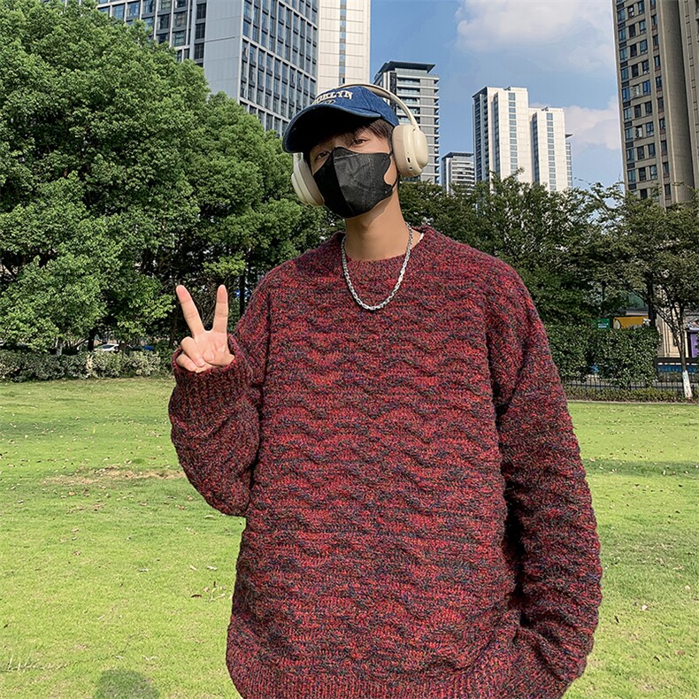 港风秋款男圆领套头毛衣扎染波浪条纹针织衫外套M7342P50,男装针织衫/毛衣,星座1013-1