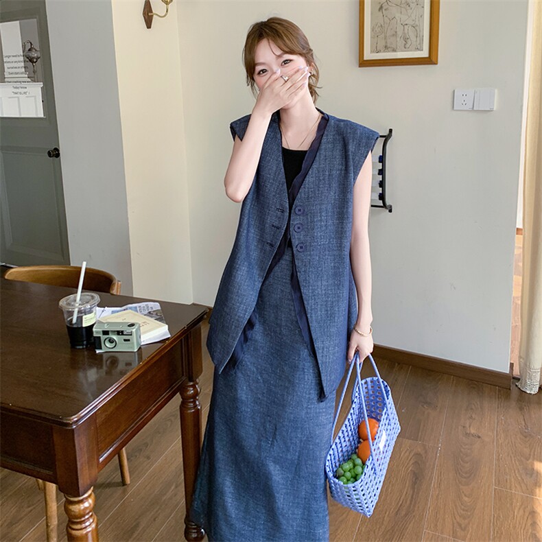 小众设计感气质套装女2025夏季新款老钱风复古牛仔马甲半身裙套装,女装套装/套裙,2C255