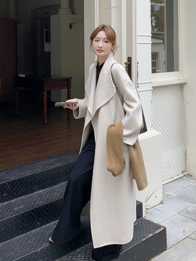 新款2B114P265K335长款秋冬双面羊绒大衣外套翻领配腰带百搭,女装毛呢外套,2B114