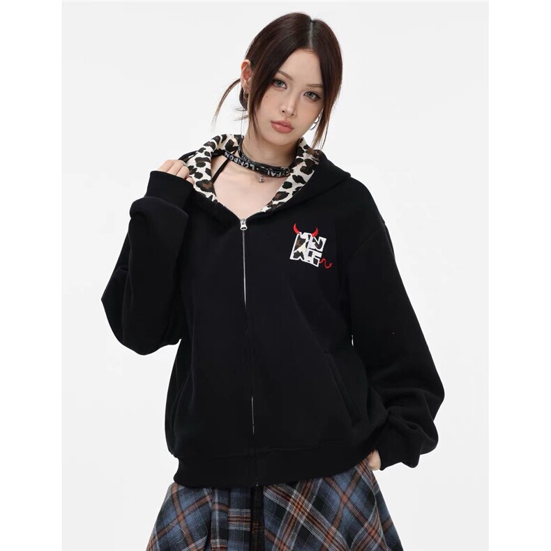 1506A/GLH880/P54美式复古小恶魔豹纹连帽拉链卫衣1,男装卫衣,星座1506A