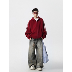 8XL-M秋冬美式运动三条杠条纹开衫卫衣连帽特大码宽松JK5206/P65，男装卫衣，电商B238