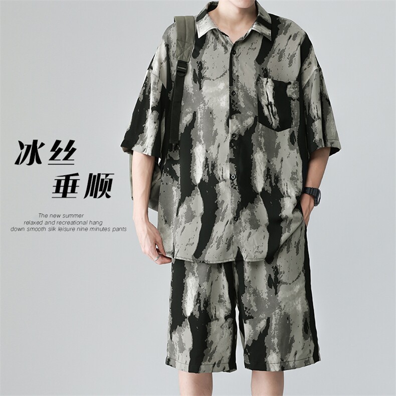 夏新大码水墨画冰丝短袖衬衫短裤男士休闲垂感两件套装TZ084-P60图片