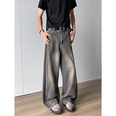 美式复古弯刀裤男小众设计感阔腿宽松痞帅牛仔裤情侣裤N07813-P55，男装牛仔裤，星座308B-1