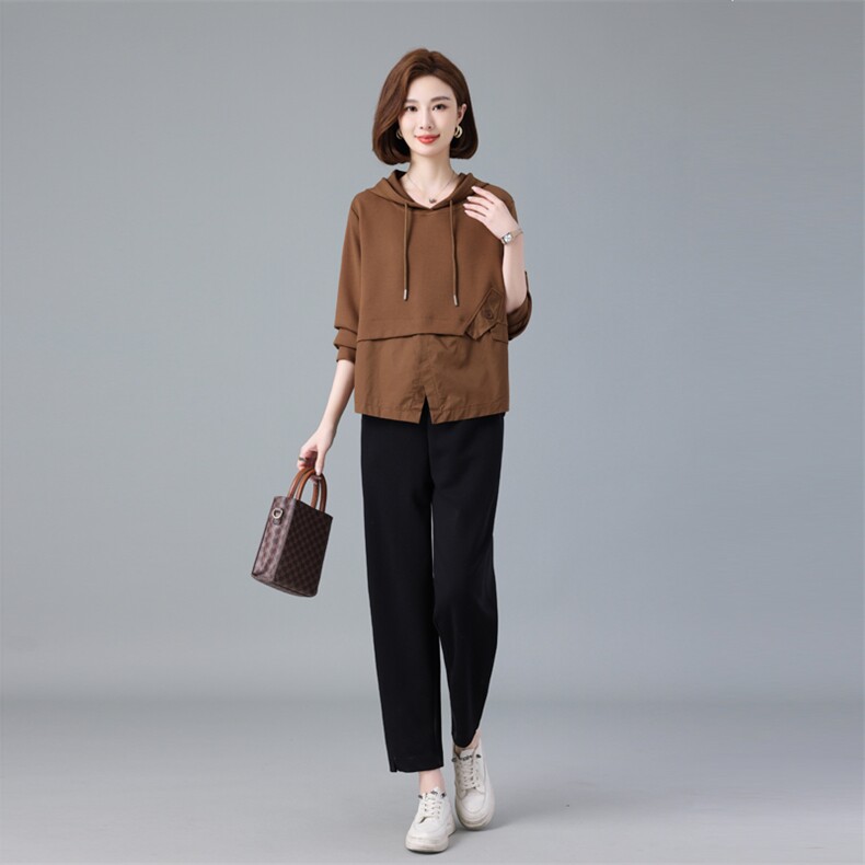 现货2024春季新款连帽假两件宽松显瘦卫衣套装两件套,女装套装/套裙,深水步