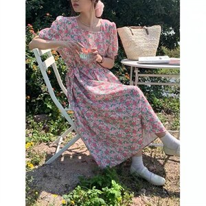 新款洋气小方领花朵爱心森系小清新连衣裙,女装连衣裙,L·H·X