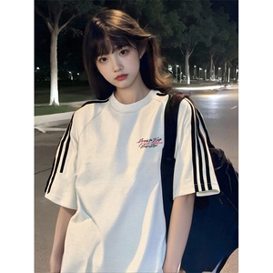 抖音得物高品质二开240克宽松纯棉美式潮牌三条杠织带短袖T恤图片