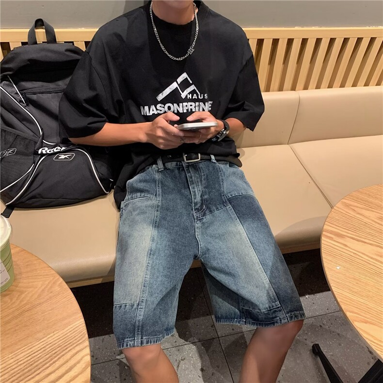 美式复古蓝做旧五分牛仔裤男女夏季不规则拼接牛仔短裤P43,男装牛仔裤,星座1116-2