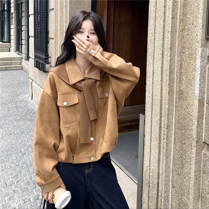 【含披肩】休闲港风短外套女春秋韩系夹克2025新款麂皮绒上衣,女装短外套,维壹