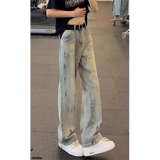 彩绘涂鸦阔腿牛仔裤女春高腰宽松设计感小众渐变直筒裤N7095，男装牛仔裤，星座1116A（原606A-3）