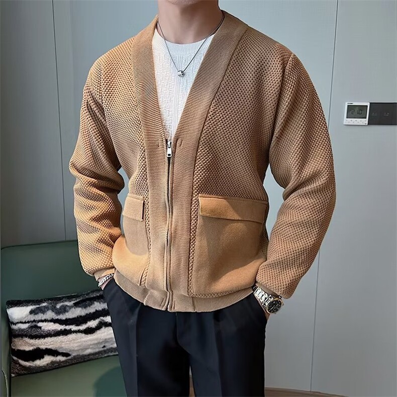 男士V领针织拉链开衫外套23春秋季韩版休闲百搭肌理感夹克男M834,男装夹克,星座1116A-2（原606A-1）