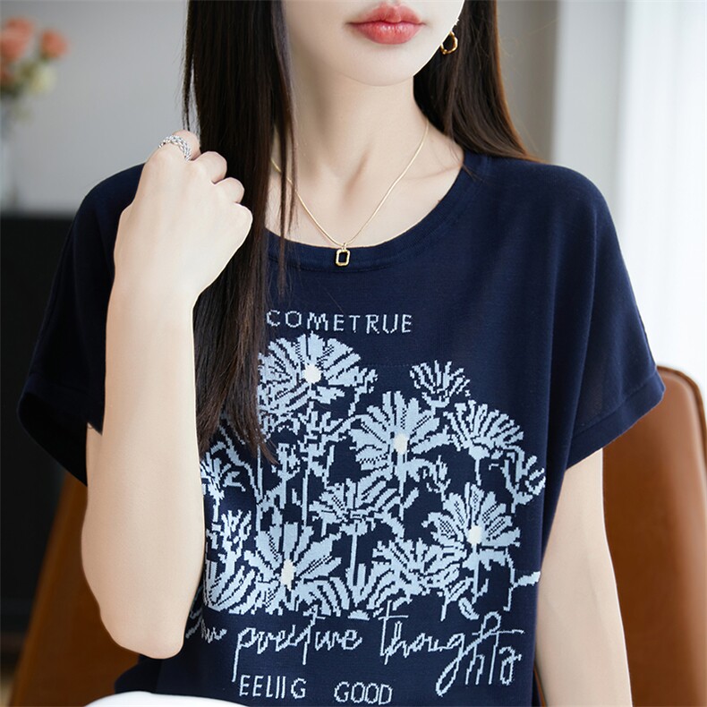 圆领拼色100%莱赛尔天丝针织短袖T恤女薄款显瘦上衣宽松半袖打底,针织衫/毛衣,郡淞羊绒