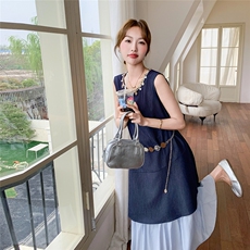 假两件拼接无袖连衣裙女2025夏季新款法式高级感气质显瘦背心长裙，女装连衣裙，2C098