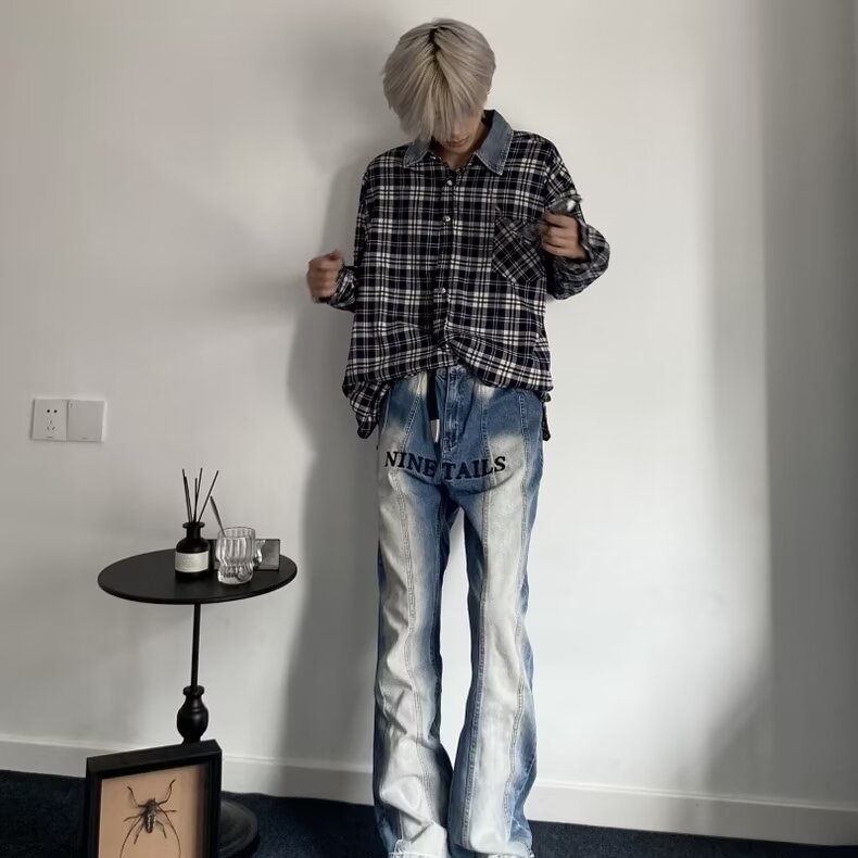 【有货】DC05-特P55春秋黑白格子长袖衬衫男复古宽松衬衣百搭外套,男装衬衫,星座603-2