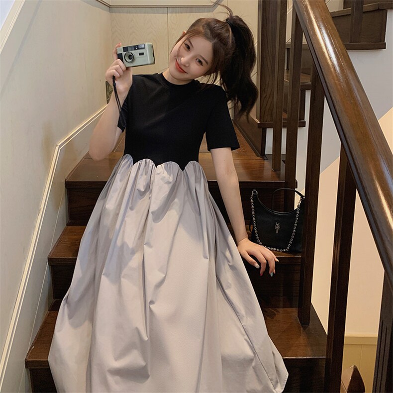法式别致小众设计感拼色假两件气质通勤百搭收腰显瘦女夏季连衣裙图片