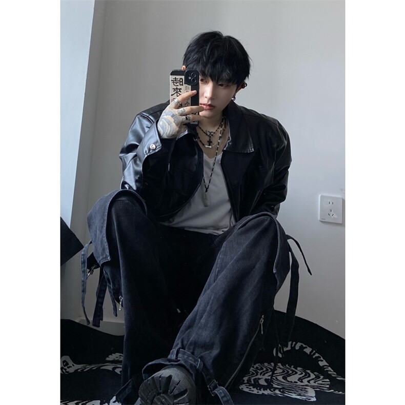 档口图   垫肩皮夹克男女同款复古纯色短款PU皮机车外套DY198-P80图片