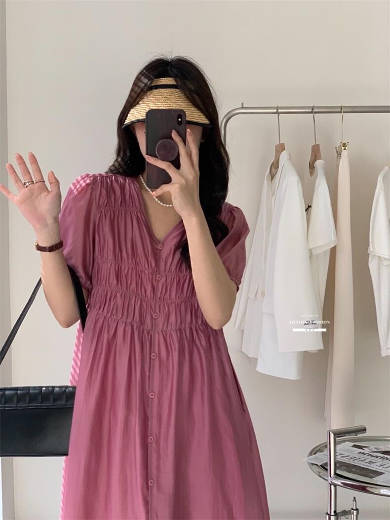 XILYDIA韩系气质树莓红压褶泡泡袖收腰连衣裙夏季短袖,女装连衣裙,香丽迪1